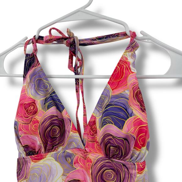NWT Joan Vass Pink Rose Floral One Piece Swimsuit Size Medium Halter Ruched NEW - Picture 3 of 8